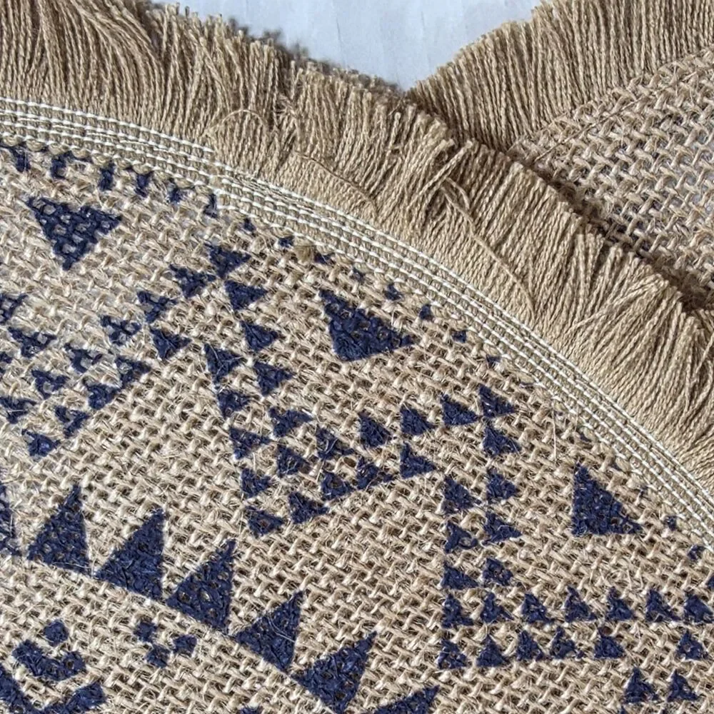 NWOT Boho Round Jute Placemats Navy Blue Mandala Fringed Set of 4 Thanksgiving